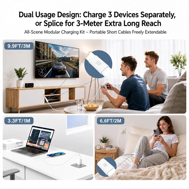 Alt view image 4 of 7 - USB C to USB C Cable 60W Type C Cable 3-Pack 3FT with Couplers White
