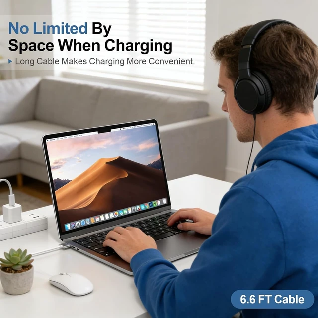 Alt view image 7 of 7 - 140W Magnetic 3 Charging Cable 6.6FT (2M) Braided USB-C to Magnetic 3 Cord Compatible with MagSafe 3 for M1-M4 MacBook Pro 14/16 (2021-2025) & Air 13/15 (2022-2025) Fast Charge