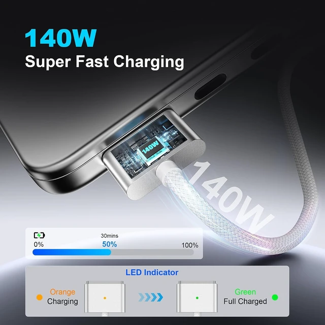 Alt view image 3 of 7 - USB C to Magnetic 3 Charging Cable 6.6FT 140W LED Braided for MacBook