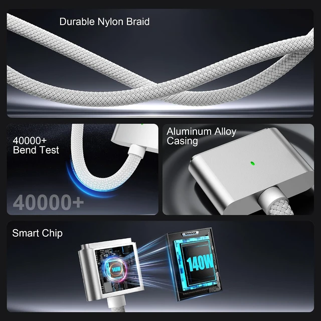 Alt view image 5 of 7 - USB C to Magnetic 3 Charging Cable 6.6FT 140W LED Braided for MacBook
