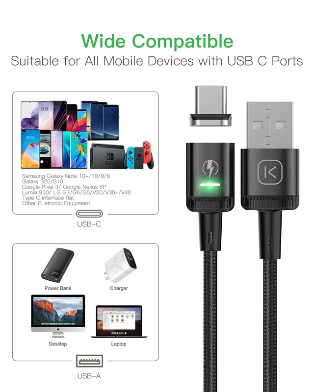 Alt view image 2 of 7 - Magnetic USB C Cable (2 Pack 3ft/3ft) 3A Fast Charging USB Type C Charger Cord with LED Nylon Braided USB C Magnetic Charging Cable for & Type C Device (Black 3ft+3ft)