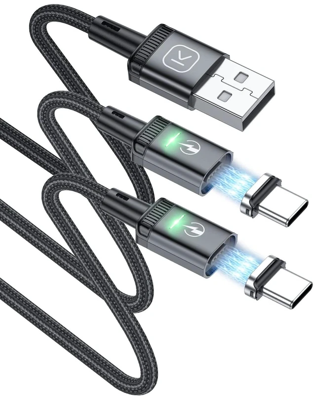 Main image of Magnetic USB C Cable (2 Pack 3ft/3ft) 3A Fast Charging USB Type C Charger Cord with LED Nylon Braided USB C Magnetic Charging Cable for & Type C Device (Black 3ft+3ft)
