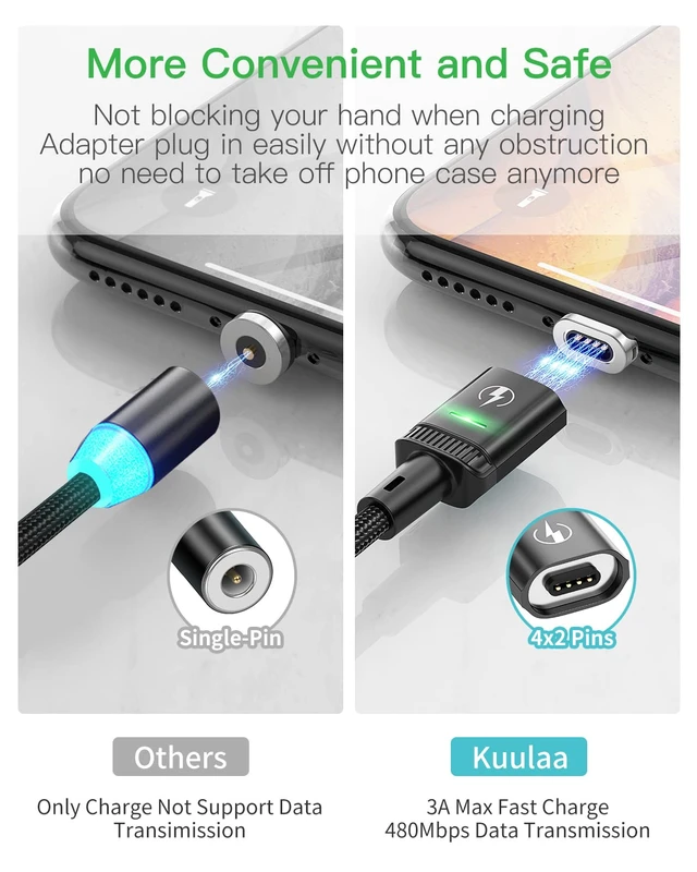 Alt view image 7 of 7 - Magnetic USB C Cable (2 Pack 3ft/3ft) 3A Fast Charging USB Type C Charger Cord with LED Nylon Braided USB C Magnetic Charging Cable for & Type C Device (Black 3ft+3ft)