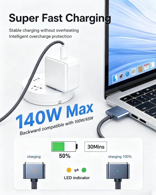Alt view image 3 of 7 - USB-C to Magnetic 3 Cable 6.6FT 140W Magnetic Safe 3 Cable