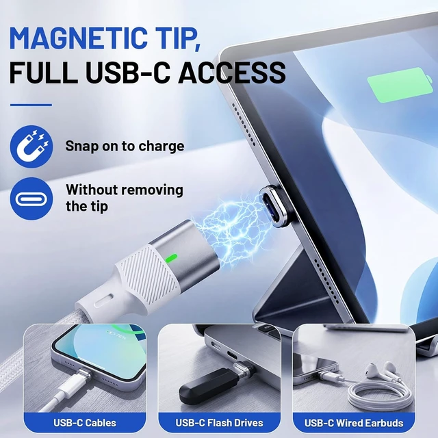 Alt view image 2 of 7 - 240W USB-C to USB-C Magnetic Fast Charging Cable with 2 Detachable Tips 6FT