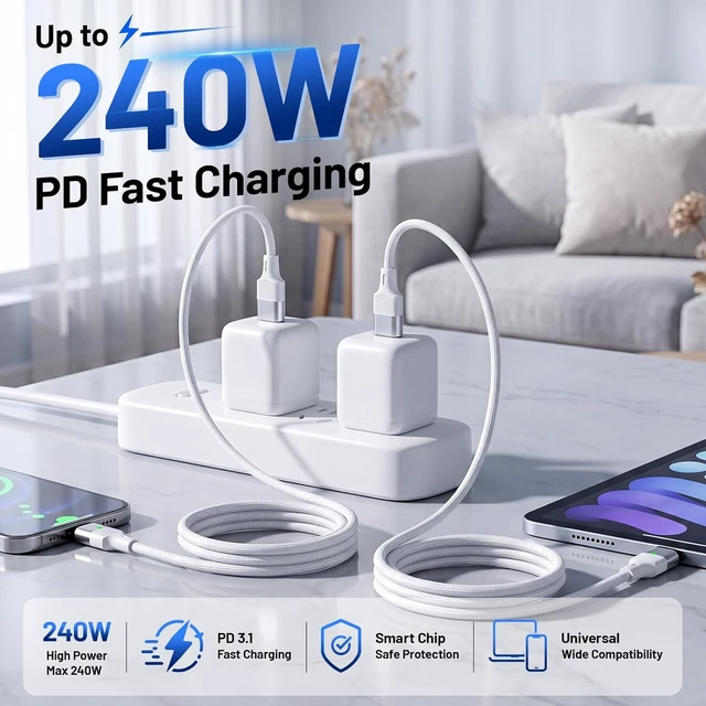 Alt view image 5 of 7 - 240W USB-C to USB-C Magnetic Fast Charging Cable with 2 Detachable Tips 6FT