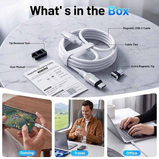 Alt view image 6 of 7 - 240W USB-C to USB-C Magnetic Fast Charging Cable with 2 Detachable Tips 6FT