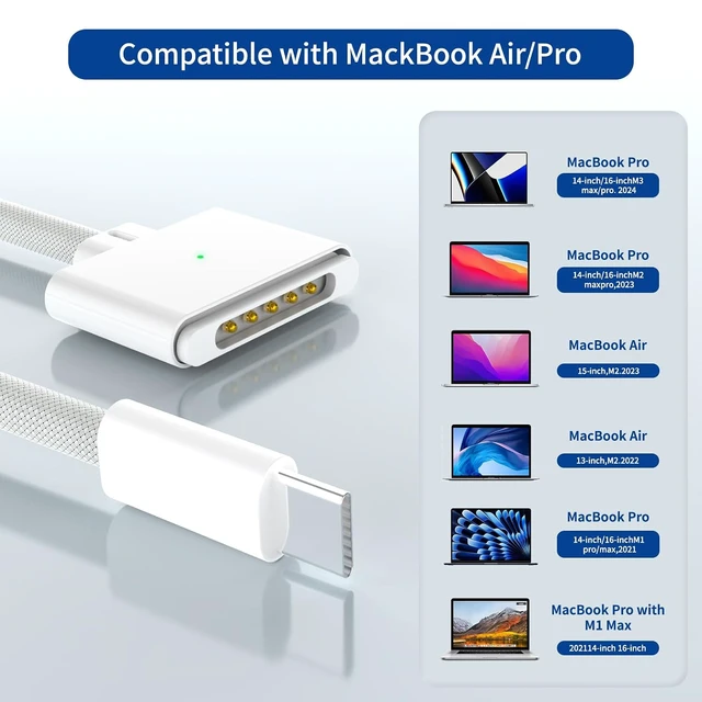 Alt view image 3 of 7 - 140W USB-C to Magnetic 3 Cable Safe Charging Cable Compatible with MacBook Pro 2021 M1 Pro & Max 14 16 MacBook Air 2022 M2 2023 M2 Pro & Max 14 16 - 6.6ft White