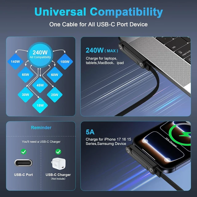 Alt view image 3 of 7 - Invisible Stand Charger Cable 240w Fast Charging USB C to USB C Cord 5FT