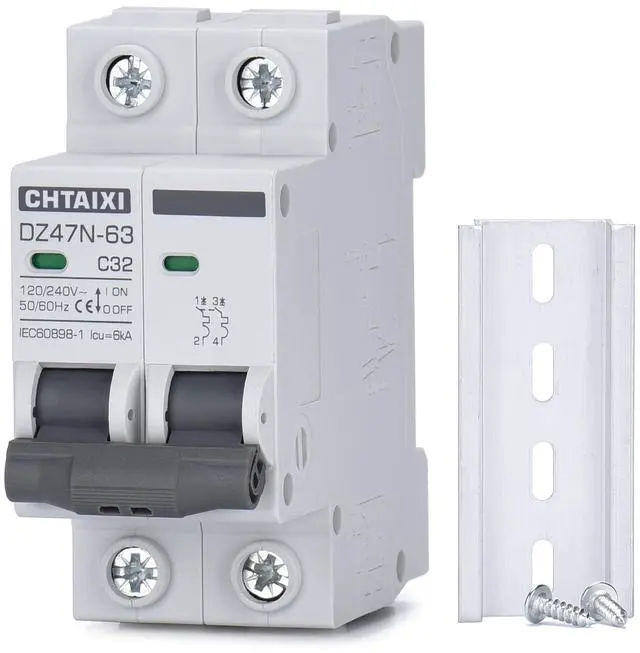 Alt view image 8 of 14 - AC Miniature Circuit Breaker, 32 Amp 120V/240V 2 Pole DIN Rail Mount Circuit Breaker, Thermal Magnetic Trip, Solar AC Disconnect Switch MCB C32