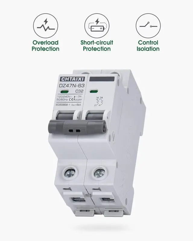 Alt view image 10 of 14 - AC Miniature Circuit Breaker, 32 Amp 120V/240V 2 Pole DIN Rail Mount Circuit Breaker, Thermal Magnetic Trip, Solar AC Disconnect Switch MCB C32
