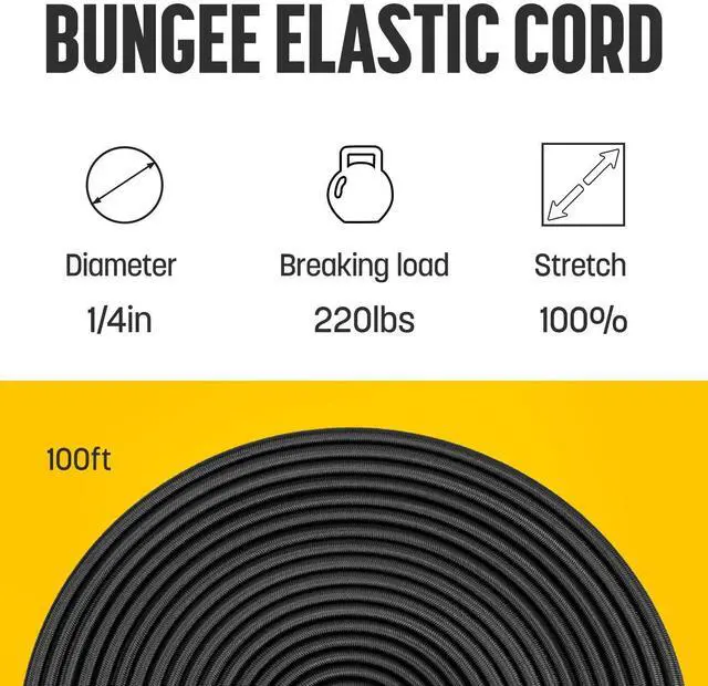 Alt view image 10 of 14 - Bungee Cord 1/4" x 100ft Marine Grade Elastic Cord Shock Cord | Heavy Duty Bungee Rope Stretch String Rope | 100% Stretch | for Tarpaulin, Kayak, Tie Down, Camping, Cargo, Backpack, Luggage