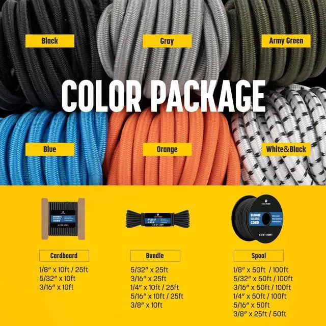 Alt view image 12 of 14 - Bungee Cord 1/4" x 100ft Marine Grade Elastic Cord Shock Cord | Heavy Duty Bungee Rope Stretch String Rope | 100% Stretch | for Tarpaulin, Kayak, Tie Down, Camping, Cargo, Backpack, Luggage