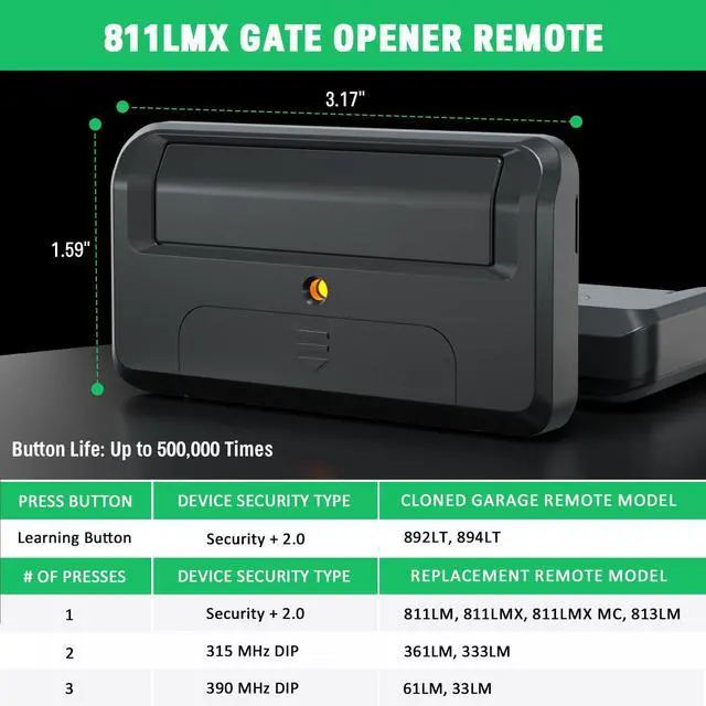 Alt view image 9 of 14 - Upgrade 811LMX Gate Opener Remote Replacement for Liftmaster 811LMX/811LMX MC/811LM Remote Control, for Liftmaster 850LM/860LM/Star1000 Receiver, Commercial Door, Security+ 2.0, 12 Dip Switch, 4 Pack