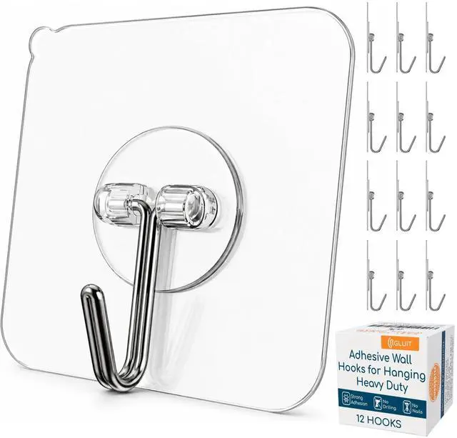 Alt view image 8 of 14 - Adhesive Wall Hooks for Hanging, Heavy Duty No Drill, 22 lbs, 12 Pack | Adhesive Wall Hooks for Hanging, Transparent Waterproof Sticky Towel Hook for Bathroom Kitchen Home Outdoor