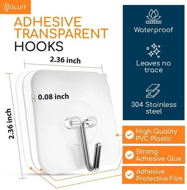 Alt view image 9 of 14 - Adhesive Wall Hooks for Hanging, Heavy Duty No Drill, 22 lbs, 12 Pack | Adhesive Wall Hooks for Hanging, Transparent Waterproof Sticky Towel Hook for Bathroom Kitchen Home Outdoor