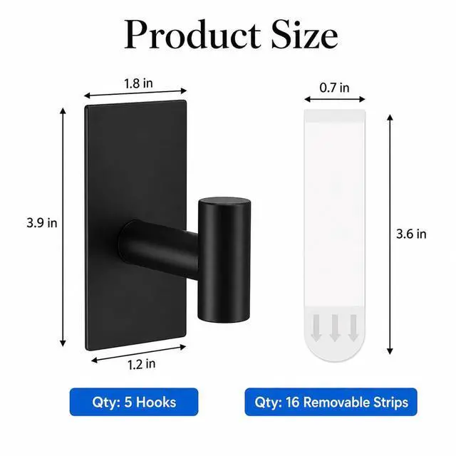 Alt view image 9 of 14 - 5 Pcs Towel Hooks Heavy Duty for HangingAdhesive Wall Hooks with Removable StripsSticky No DamageOutdoor for BathroomsShowerStockingsDecorRobeX-LargeBlack 304 Stainless Steel