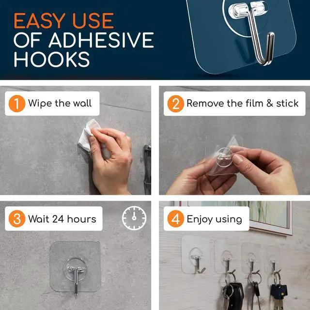 Alt view image 14 of 14 - Adhesive Wall Hooks for Hanging, Heavy Duty No Drill, 22 lbs, 12 Pack | Adhesive Wall Hooks for Hanging, Transparent Waterproof Sticky Towel Hook for Bathroom Kitchen Home Outdoor