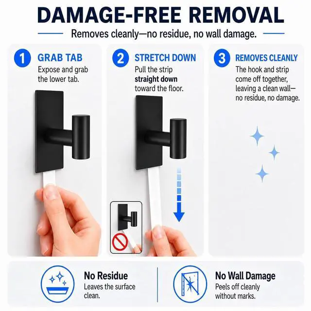 Alt view image 10 of 14 - 5 Pcs Towel Hooks Heavy Duty for HangingAdhesive Wall Hooks with Removable StripsSticky No DamageOutdoor for BathroomsShowerStockingsDecorRobeX-LargeBlack 304 Stainless Steel
