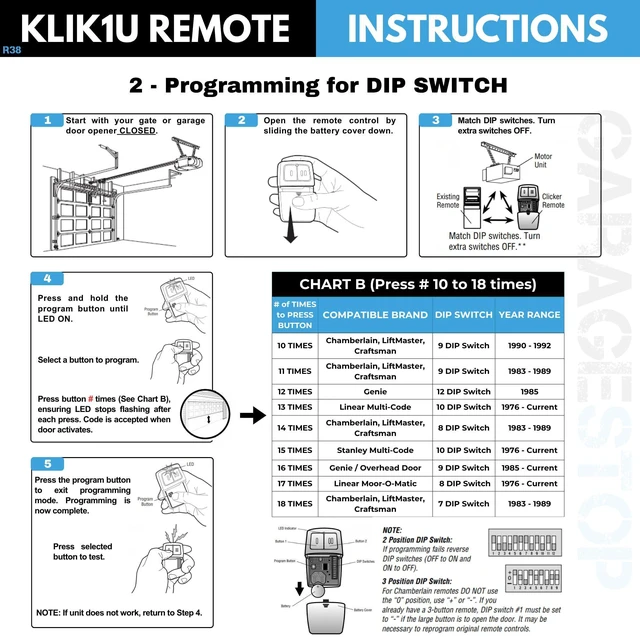 Alt view image 11 of 14 - 2X Universal Garage Door Opener Remote KLIK1U 375UT 375LM Garage Clicker | 2-Button Replacement for LiftMaster Chamberlain Craftsman Genie Linear, Operates 2 Doors or Gates, Dip Switch & Learn Button