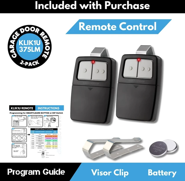 Alt view image 12 of 14 - 2X Universal Garage Door Opener Remote KLIK1U 375UT 375LM Garage Clicker | 2-Button Replacement for LiftMaster Chamberlain Craftsman Genie Linear, Operates 2 Doors or Gates, Dip Switch & Learn Button