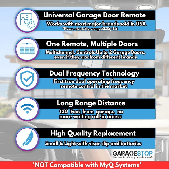 Alt view image 13 of 14 - 2X Universal Garage Door Opener Remote KLIK1U 375UT 375LM Garage Clicker | 2-Button Replacement for LiftMaster Chamberlain Craftsman Genie Linear, Operates 2 Doors or Gates, Dip Switch & Learn Button