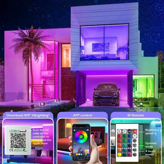 Alt view image 11 of 14 - 100ft Led Strip Lights,Long Smart Led Light Strips Music Sync 5050 RGB Color Changing Rope Lights,Bluetooth APP/IR Remote/Switch Box Control Led Lights for Bedroom,Home Decoration,Party,Festival