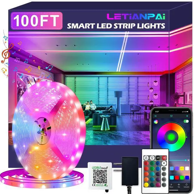Alt view image 8 of 14 - 100ft Led Strip Lights,Long Smart Led Light Strips Music Sync 5050 RGB Color Changing Rope Lights,Bluetooth APP/IR Remote/Switch Box Control Led Lights for Bedroom,Home Decoration,Party,Festival