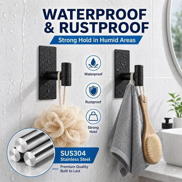Alt view image 13 of 14 - 5 Pcs Towel Hooks Heavy Duty for HangingAdhesive Wall Hooks with Removable StripsSticky No DamageOutdoor for BathroomsShowerStockingsDecorRobeX-LargeBlack 304 Stainless Steel