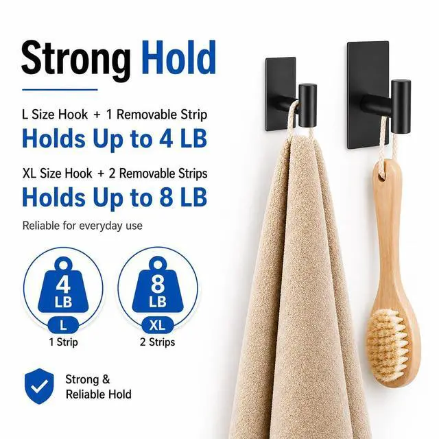 Alt view image 11 of 14 - 5 Pcs Towel Hooks Heavy Duty for HangingAdhesive Wall Hooks with Removable StripsSticky No DamageOutdoor for BathroomsShowerStockingsDecorRobeX-LargeBlack 304 Stainless Steel