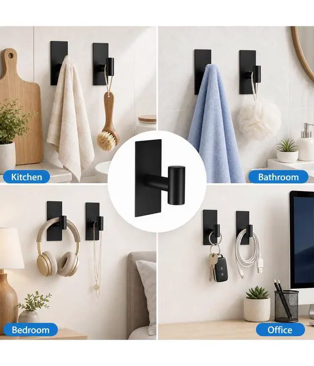 Alt view image 12 of 14 - 5 Pcs Towel Hooks Heavy Duty for HangingAdhesive Wall Hooks with Removable StripsSticky No DamageOutdoor for BathroomsShowerStockingsDecorRobeX-LargeBlack 304 Stainless Steel