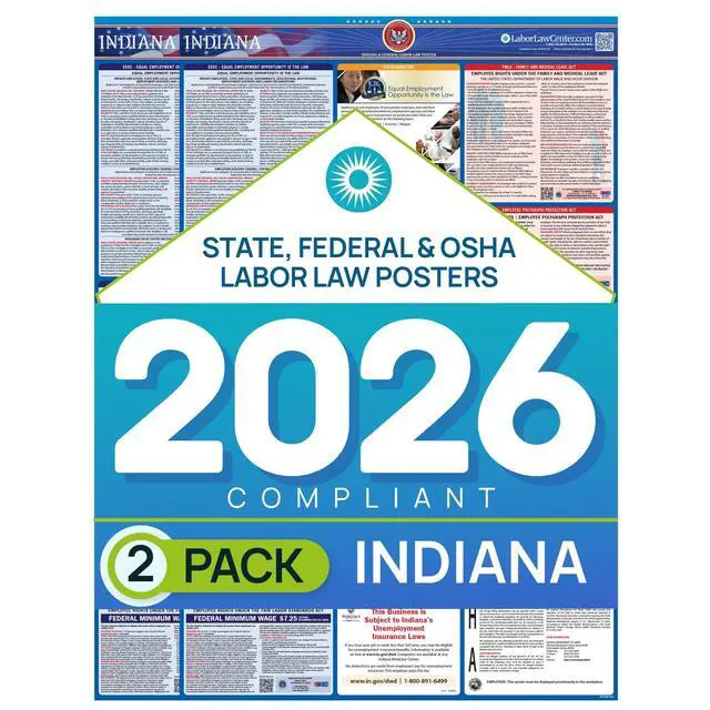 Alt view image 8 of 14 - Indiana 2026 Labor Law Poster State & Federal Compliance OSHA, EEOC, FMLA, Minimum Wage Durable, Laminated & Waterproof Workplace Employment Poster Made in USA 26 x 39.5, 2-Pack