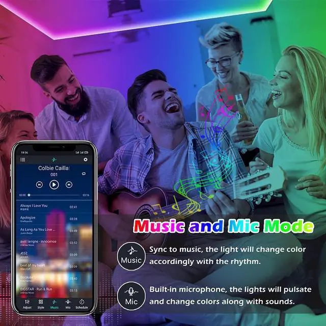 Alt view image 13 of 14 - 100ft Led Strip Lights,Long Smart Led Light Strips Music Sync 5050 RGB Color Changing Rope Lights,Bluetooth APP/IR Remote/Switch Box Control Led Lights for Bedroom,Home Decoration,Party,Festival