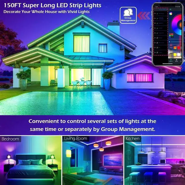 Alt view image 14 of 14 - 100ft Led Strip Lights,Long Smart Led Light Strips Music Sync 5050 RGB Color Changing Rope Lights,Bluetooth APP/IR Remote/Switch Box Control Led Lights for Bedroom,Home Decoration,Party,Festival