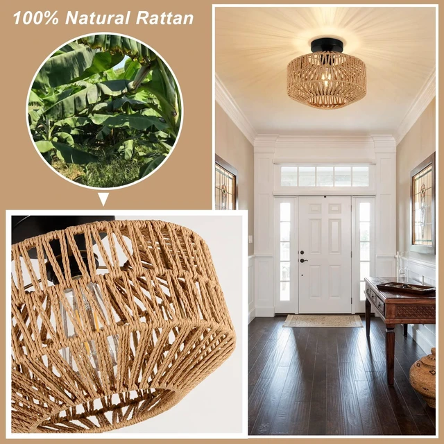 Alt view image 13 of 14 - Boho Light Fixtures Ceiling Mount,Mini Rattan Chandelier Light Fixture with Dimmable LED Bulb,Hand Woven Ceiling Light Fixtures Flush Mount for Hallway Bedroom Kitchen Entryway Living Room