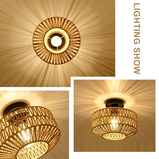 Alt view image 12 of 14 - Boho Light Fixtures Ceiling Mount,Mini Rattan Chandelier Light Fixture with Dimmable LED Bulb,Hand Woven Ceiling Light Fixtures Flush Mount for Hallway Bedroom Kitchen Entryway Living Room