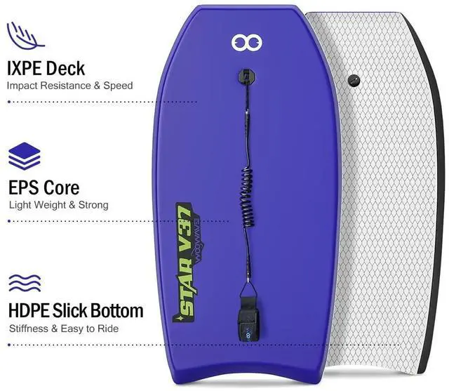 Alt view image 9 of 14 - Bodyboard 33-inch/37-inch/42-inch Premium IXPE Body Board with Coiled Wrist Leash, Super Lightweight EPS Core and HDPE Slick Bottom, Perfect Surfing for Kids Teens and Adults