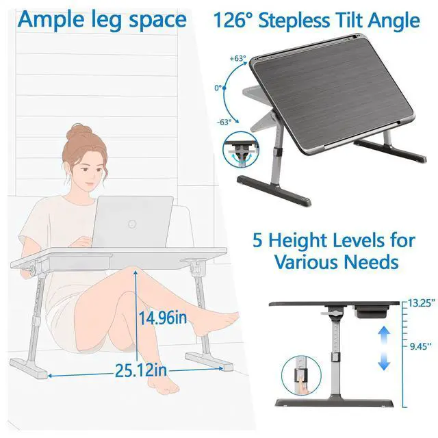 Alt view image 10 of 14 - Adjustable Lap Desk, Large Smooth Easy-Clean Wood Grain Desktop, Foldable Laptop Bed Tray Table with Storage Drawer, Portable Laptop Stand Fits 17" Laptop for Bed Couch Floor (Striped)