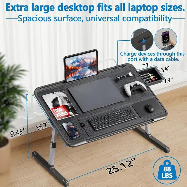 Alt view image 9 of 14 - Adjustable Lap Desk, Large Smooth Easy-Clean Wood Grain Desktop, Foldable Laptop Bed Tray Table with Storage Drawer, Portable Laptop Stand Fits 17" Laptop for Bed Couch Floor (Striped)