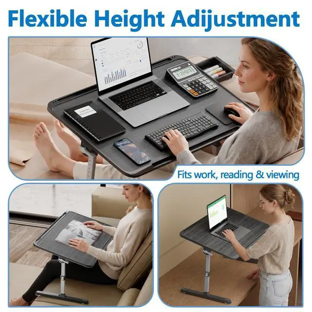 Alt view image 14 of 14 - Adjustable Lap Desk, Large Smooth Easy-Clean Wood Grain Desktop, Foldable Laptop Bed Tray Table with Storage Drawer, Portable Laptop Stand Fits 17" Laptop for Bed Couch Floor (Striped)