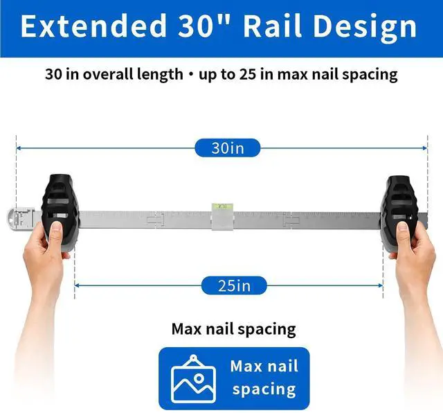 Alt view image 9 of 14 - 3-in-1 Picture Hanging Tool, All-in-One Art Hanging Kit with Leveling, Position Marking & Effortless Push Nail Design, Double Nails for 25 Inch Frames, Wall Hanging Solution for Home Decor