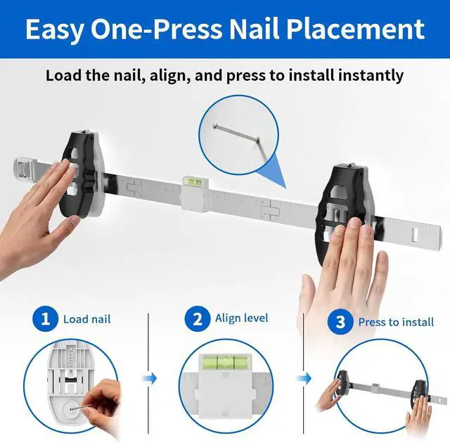 Alt view image 10 of 14 - 3-in-1 Picture Hanging Tool, All-in-One Art Hanging Kit with Leveling, Position Marking & Effortless Push Nail Design, Double Nails for 25 Inch Frames, Wall Hanging Solution for Home Decor