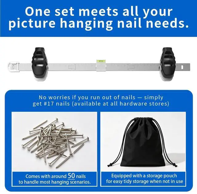 Alt view image 14 of 14 - 3-in-1 Picture Hanging Tool, All-in-One Art Hanging Kit with Leveling, Position Marking & Effortless Push Nail Design, Double Nails for 25 Inch Frames, Wall Hanging Solution for Home Decor