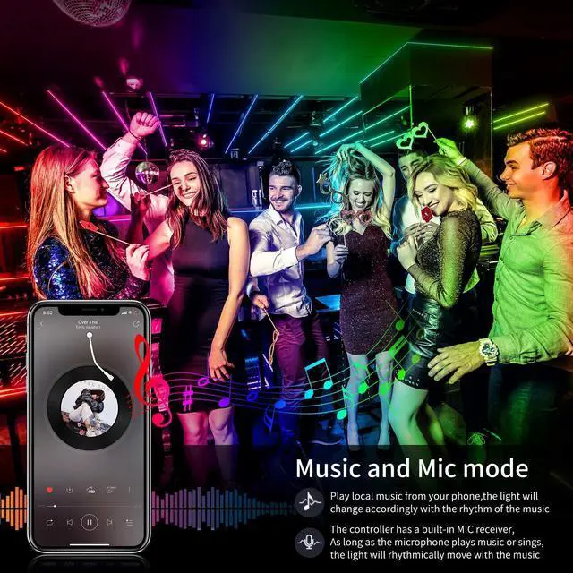 Alt view image 10 of 12 - Led Strip Lights,60ft Music Sync Color Changing, Built-in Mic,Bluetooth App Control LED Tape Lights with Remote,5050 RGB Rope Light Strips
