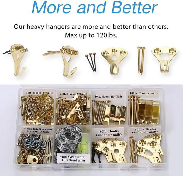 Alt view image 9 of 14 - Picture Hangers, Picture Hanging Kit, 225pcs Heavy Duty Frame Hooks Hardware with Nails, Hanging Wire, Screw Eyes, D Ring and Sawtooth for Wall Mounting