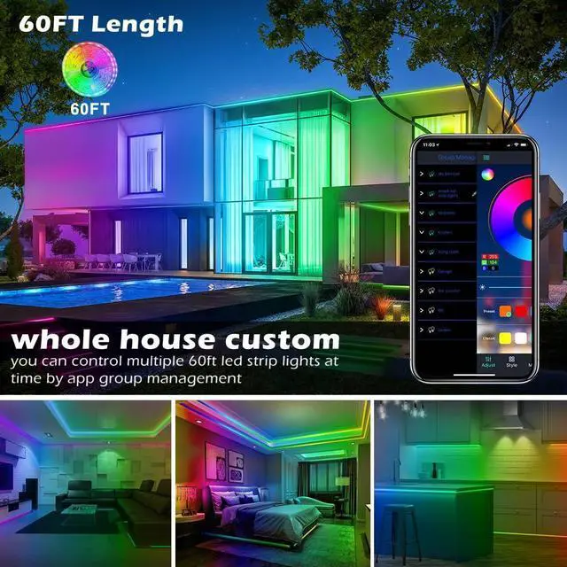 Alt view image 8 of 12 - Led Strip Lights,60ft Music Sync Color Changing, Built-in Mic,Bluetooth App Control LED Tape Lights with Remote,5050 RGB Rope Light Strips