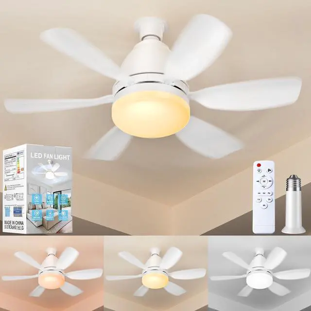Alt view image 8 of 14 - Socket Fan Light with Remote, 20'' 30W Dimmable LED 3 Colors 3000K-6500K, 6 Speed Wind Small Ceiling Fan with Light, Screw in Light Bulb Fan for Bedroom, Kitchen, Living Room, Closet
