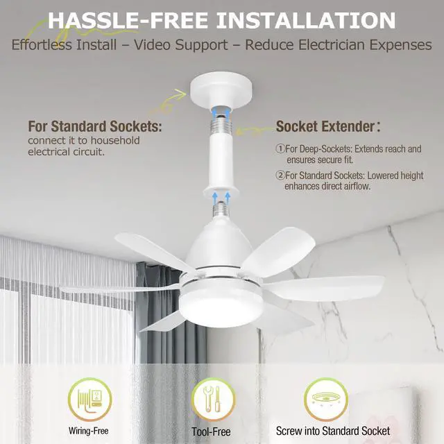 Alt view image 10 of 14 - Socket Fan Light with Remote, 20'' 30W Dimmable LED 3 Colors 3000K-6500K, 6 Speed Wind Small Ceiling Fan with Light, Screw in Light Bulb Fan for Bedroom, Kitchen, Living Room, Closet