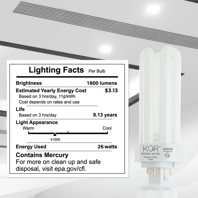 Alt view image 13 of 14 - 26W Triple Tube Compact Fluorescent Light Bulb, 4 Pack | GX24Q-3 4-Pin Plug-In Base, 4100K Cool White, T4, K20788, PL26W/3U/4P/841