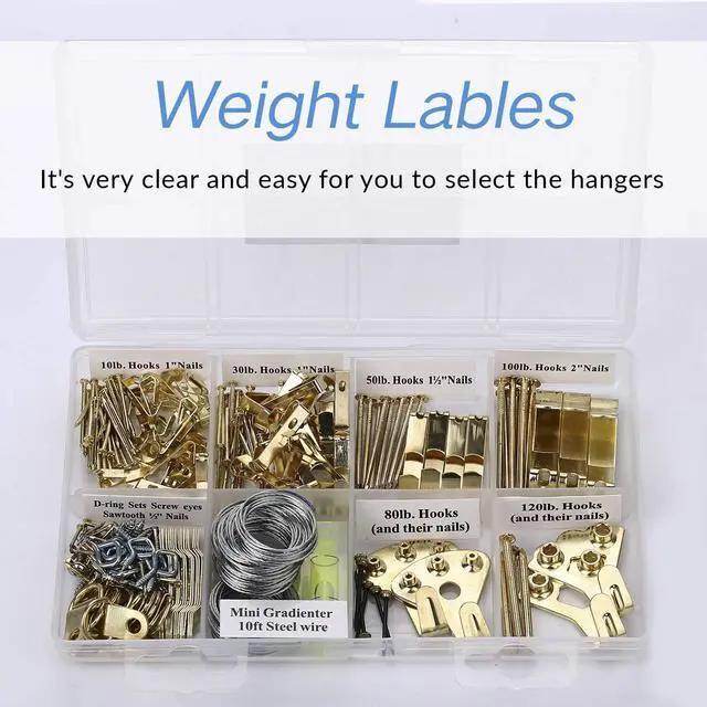 Alt view image 12 of 14 - Picture Hangers, Picture Hanging Kit, 225pcs Heavy Duty Frame Hooks Hardware with Nails, Hanging Wire, Screw Eyes, D Ring and Sawtooth for Wall Mounting